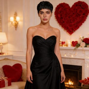 May include: A strapless black gown with a sweetheart neckline. The dress has a draped bodice and a flowing skirt. The background includes a red heart made of roses, a fireplace, and decorative lighting, creating a romantic ambiance.