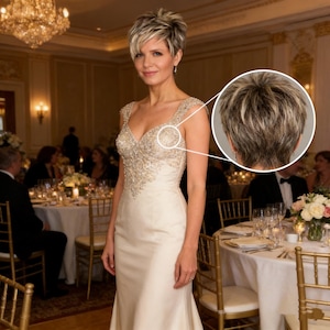 Puede incluir: Una mujer con un vestido formal color crema con escote en V y adornos de cuentas. Tiene el pelo corto, rubio y castaño. El fondo muestra un evento formal con mesas y candelabros.