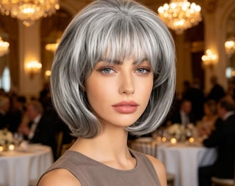 Etiquetas personalizadas, Bob cinza prateado com franja para mulheres, curto sintético natural, resistente ao calor, ideal para uso diário, festas e cosplay, franja cinza elegante.
