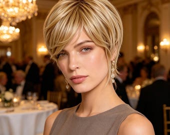 Aangepaste labels, blonde korte pixie-pruik, hittebestendige synthetische pruik voor vrouwen, elegante gelaagde pruik, perfect cadeau voor Valentijnsdag
