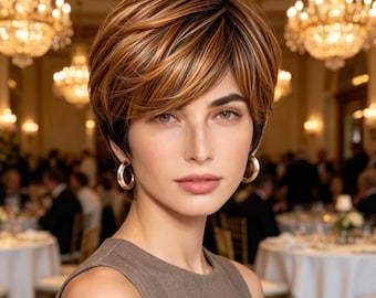 Aangepaste labels, bruin gemarkeerde pixie-pruik voor dames, kort gelaagd synthetisch haar, hittebestendig, elegant feest en dagelijks pruikcadeau