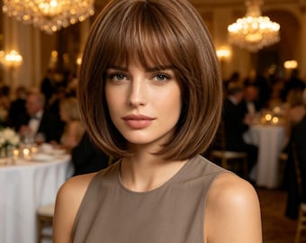 Etiquetas personalizadas, peluca bob lisa color castaño con flequillo, sintética resistente al calor, cabello corto natural para mujer, regalo elegante para peinados