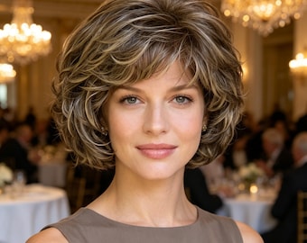 Labels op maat, korte bob met bruine highlights voor oudere vrouwen, 15 cm gelaagde golvende synthetische haardos, verstelbare cap 52-54 cm, hittebestendig natuurlijk haar voor dagelijks gebruik.