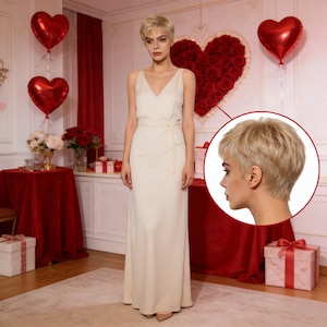 Peut inclure: Une femme porte une robe crème longue avec un col en V et une ceinture à la taille. Le fond comprend des ballons rouges en forme de cœur, un grand cœur de roses rouges et des boîtes cadeaux. La femme a les cheveux blonds courts.