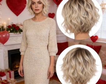 Gepersonaliseerde labels, korte golvende blonde bobpruik - ademende kanten pet voor Valentijnsdag en elke dag glamour