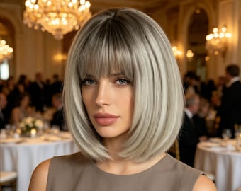 Customized labels,Silver Gray Bob Wig with Bangs, Short Straight Synthetic, Heat Resistant, Natural Looking, Daily Party Cosplay Hair