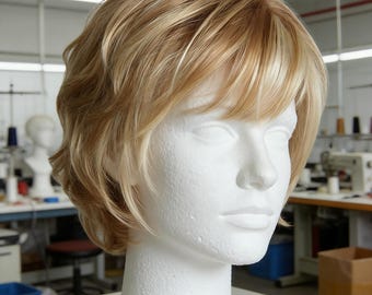 Op maat gemaakte blonde gelaagde korte pruik - natuurlijk golvend bob met pony voor formele en alledaagse stijl