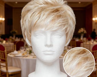 Gepersonaliseerde labels, platinablonde stekelige pixiepruik - kort synthetisch haar met textuur en highlights