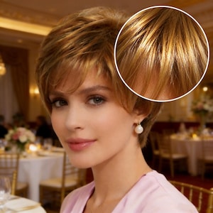 May include: A woman with short, layered, light brown hair with blonde highlights. She is wearing a pink top and pearl earrings. The background shows a restaurant setting with tables and floral arrangements.