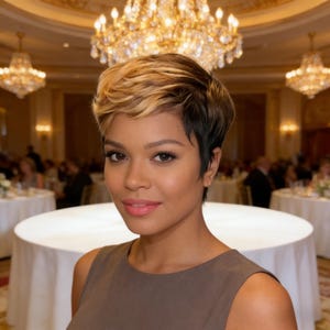 Könnte beinhalten: Eine Frau mit kurzem, gestuftem Haar in Blond-, Braun- und Schwarztönen. Sie trägt ein ärmelloses, taupefarbenes Oberteil. Der Hintergrund zeigt einen formellen Speisesaal mit Kronleuchtern und runden Tischen mit weißen Tischdecken.