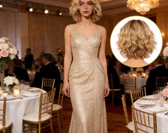 Aangepaste labels, goudblonde retro pruik met krullende bob - synthetische pruik jaren 1920 flapperstijl voor formele evenementen en rode loperlooks