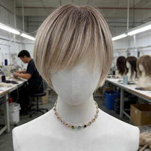 Può includere: Una testa di manichino con una parrucca bionda corta e a strati e una collana di pietre preziose colorate. La parrucca ha una miscela dall'aspetto naturale di toni biondi e marrone chiaro. La collana presenta una serie di pietre preziose rotonde multicolori.