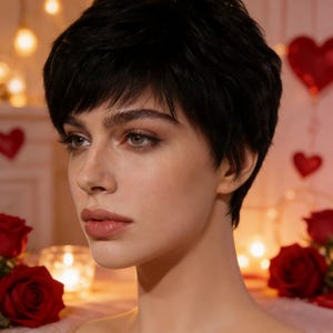 May include: A woman with short, dark hair and a soft, natural makeup look. The image is a close-up of her face, with a focus on her eyes and lips. Red roses and heart-shaped decorations are in the background, suggesting a romantic theme.