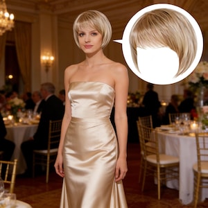 May include: A woman in a gold strapless gown with a short, blonde wig. The wig is a bob style with bangs. The background shows a formal event with tables and people.