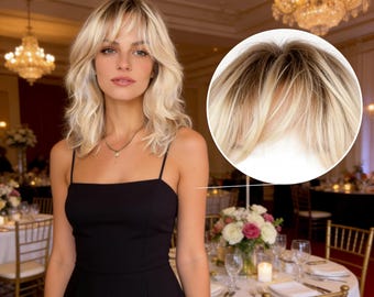 Ombre-blonde golvende schouderlange pruik - donkergewortelde synthetische pruik met pony voor alledaagse en formele stijl