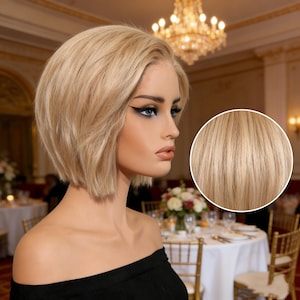 Puede incluir: Una cabeza de maniquí con una peluca rubia corta y en capas. La peluca tiene una raya a un lado y una textura natural. Un primer plano muestra los reflejos de la peluca. El maniquí lleva un top negro con los hombros descubiertos.