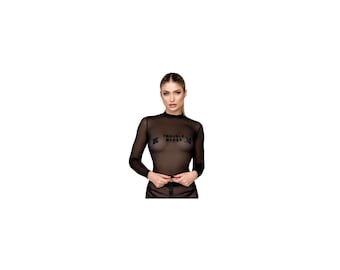 Sheer Mesh Crop Top “Trouble Maker” – Black Flocked Statement Shirt, Long Sleeve Tulle Top, Edgy Streetwear,Goth Aesthetic, XS-3XL Plus Size