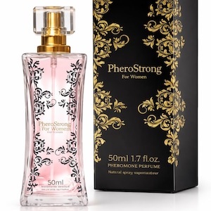 May include: A perfume bottle and box set. The clear glass bottle has a pink liquid and is adorned with black floral designs. The box is black with gold floral accents and the text "PheroStrong For Women" and "50ml 1.7 fl.oz."