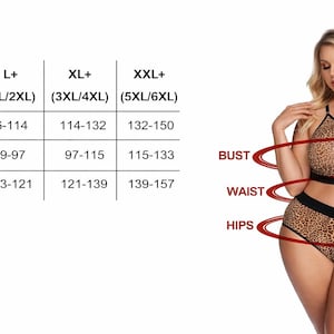 May include: A woman models a leopard print lingerie set. The set includes a bra and high-waisted bottoms. A size chart shows bust, waist, and hip measurements in centimeters for L+ to XXL+ sizes.