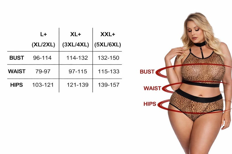 May include: A woman models a leopard print lingerie set. The set includes a bra and high-waisted bottoms. A size chart shows bust, waist, and hip measurements in centimeters for L+ to XXL+ sizes.