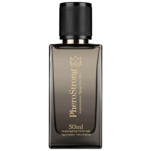 May include: A rectangular perfume bottle with a black cap and a gold label. The label reads "PheroStrong" and "Pheromone King for Men". The bottle contains 50ml of pheromone perfume. The bottle is a dark gray color.