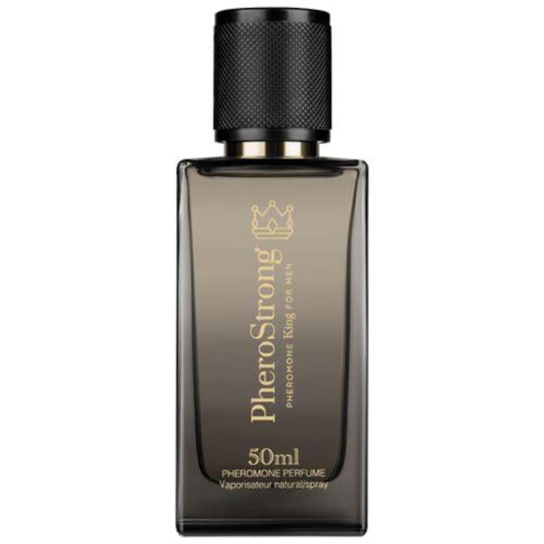 May include: A rectangular perfume bottle with a black cap and a gold label. The label reads "PheroStrong" and "Pheromone King for Men". The bottle contains 50ml of pheromone perfume. The bottle is a dark gray color.
