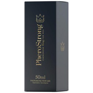 May include: A dark navy blue rectangular box with gold text and a crown logo. The text reads "PheroStrong Pheromone King for Men" and "50ml Pheromone Perfume". The box has a minimalist design.