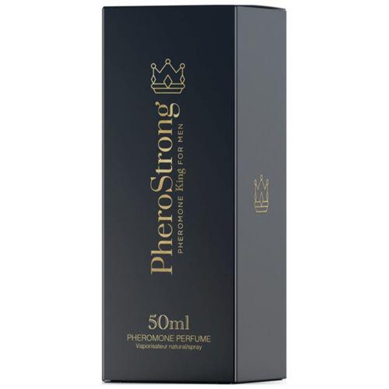 May include: A dark navy blue rectangular box with gold text and a crown logo. The text reads "PheroStrong Pheromone King for Men" and "50ml Pheromone Perfume". The box has a minimalist design.