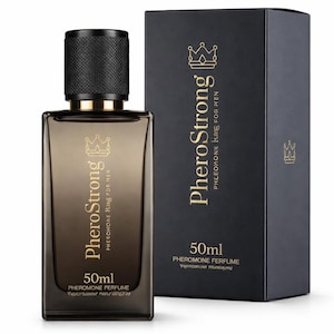 May include: A rectangular perfume bottle and box set. The bottle is a gradient of brown and clear glass with a black cap. The box is black with gold text that reads "PheroStrong" and "Pheromone Lure for Men". The bottle and box both display a crown graphic.