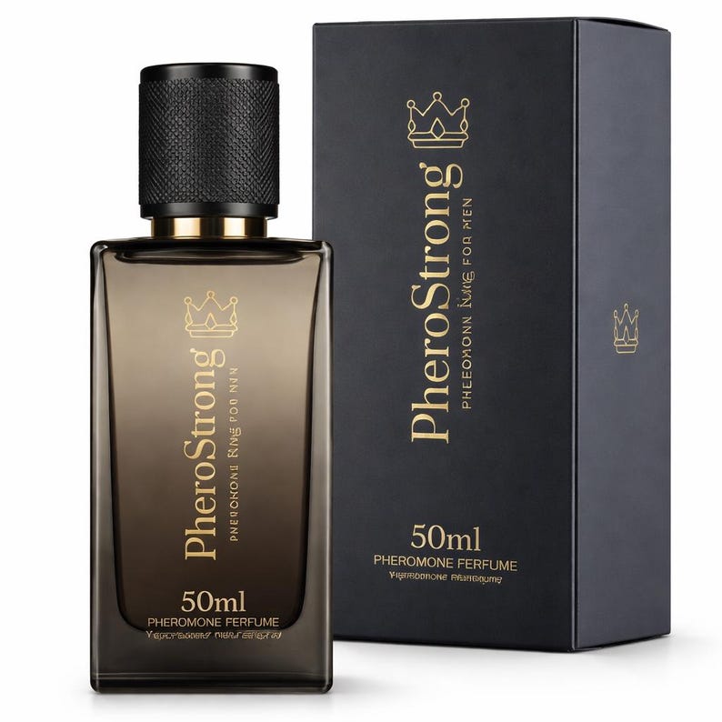 May include: A rectangular perfume bottle and box set. The bottle is a gradient of brown and clear glass with a black cap. The box is black with gold text that reads "PheroStrong" and "Pheromone Lure for Men". The bottle and box both display a crown graphic.