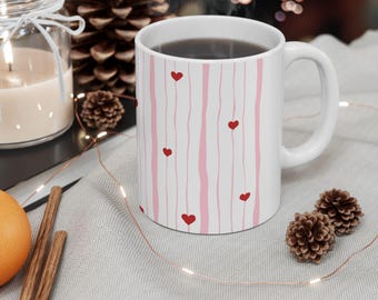 Pink Heart Stripe Ceramic Mug – Watercolor Stripes, Hand-Painted Coffee Cup