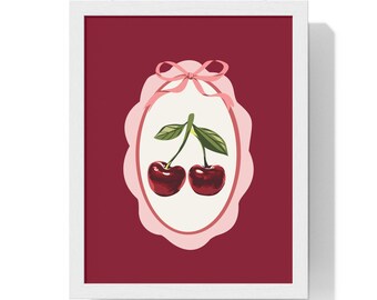 Cherry Vintage Framed Poster - Retro Pink Ribbon Wall Art