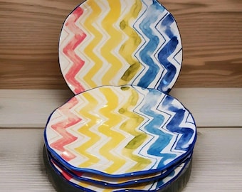 Anthropologie Dessert Teller 4er Set Keramik Rüschenrand ZickZack Chevron Keramik