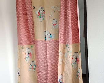 Vintage Silk Patchwork Noren Curtain, Japanese Kids Kimono Fabric Divider, Upcycled Home Decor