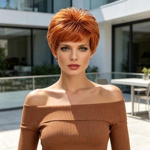 Customized labels,Vibrant Orange Pixie Cut Wig, Short Spiky Synthetic Hair with Bangs, Heat Resistant Wig for Women, Bold Daily & Party Wear