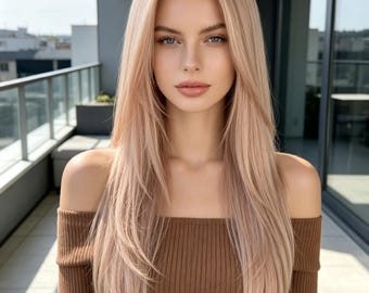 Peluca larga y lisa de color rosa suave, peluca sintética resistente al calor, raya al medio natural. Personalización.