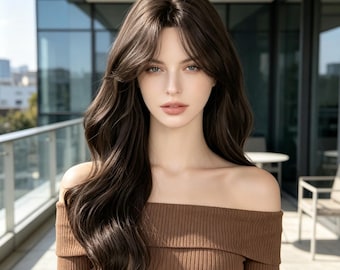 Customized labels,Dark Brown Long Wavy Wig with Curtain Bangs, Heat Resistant Synthetic Hair, Natural Looking, Daily Party Wig for Women
