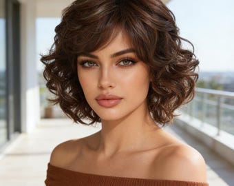 Personalizzazione, caschetto riccio castano intenso con frangia per San Valentino – Capelli corti romantici da donna, parrucca sintetica resistente al calore, regalo perfetto per lei