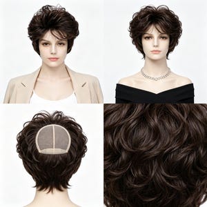Etiquetas personalizadas, peluca pixie corta castaña con flequillo, peluca sintética resistente al calor para mujer, peluca de aspecto natural para uso diario. imagen 3