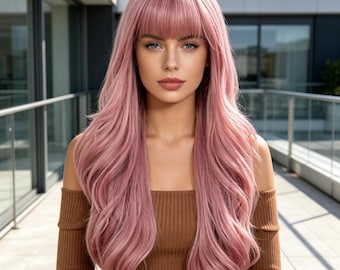 Customization,Sakura Pink Long Wig with Bangs, Heat Resistant Synthetic Hair