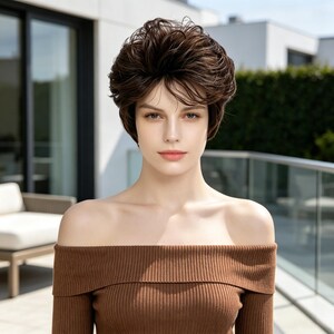 Customized labels,Short Brown Pixie Wig with Bangs, Synthetic Heat Resistant Wig for Women, Natural Looking Daily Wear Wig
