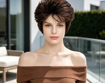 Customized labels,Short Brown Pixie Wig with Bangs, Synthetic Heat Resistant Wig for Women, Natural Looking Daily Wear Wig