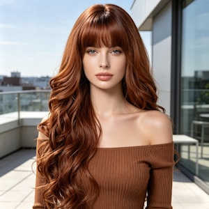 May include: A woman with long, wavy auburn hair and bangs. She is wearing a brown off-the-shoulder top. The background shows a building and a clear sky.
