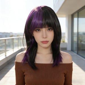 May include: A woman with long, layered hair, black on one side and vibrant purple on the other. The hair frames the face, with bangs across the forehead. She wears a brown off-the-shoulder top, with a neutral background.