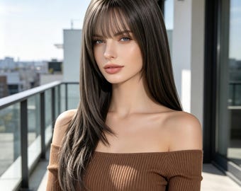 Customized labels,Black tea color Long Straight Wig with Bangs, Natural Synthetic Hair, Heat Resistant Layered Wig for Women, Daily Wear