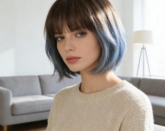Personalización, Bob con flequillo y efecto degradado marrón a azul para el Día de San Valentín – Corto y romántico, Sintético resistente al calor, Regalo perfecto para ella