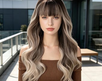 カスタムラベル、オンブルブラウンからブロンドのウェーブウィッグ、前髪付きロング合成ウィッグ、耐熱性女性用ヘア