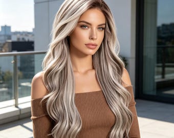 Peluca sintética larga ondulada con efecto degradado en tono gris ceniza, personalizable y resistente al calor.