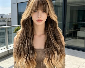 Customized labels,Brown to Blonde Ombre Wig with Bangs, Long Wavy Synthetic Hair, Heat Resistant, Natural Highlight Style