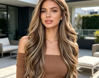 Peluca sintética larga ondulada con mechas castaño claro, personalizable y resistente al calor.